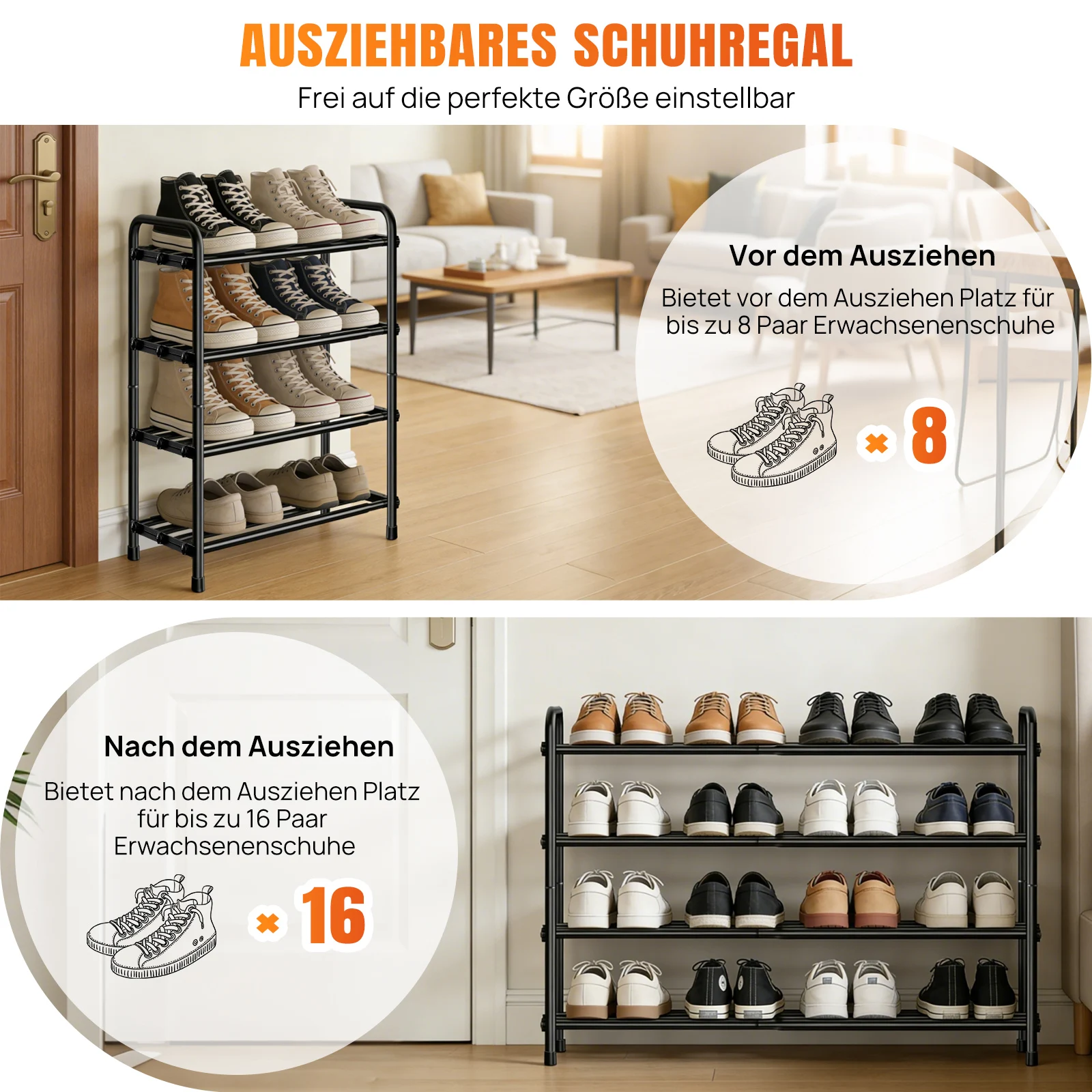 2/3/4-stufiges Metall-Schuhregal, verstellbar, erweiterbar, Schuhregal, Schuh-Organizer, Ständer, platzsparend für Wohnzimmer und Eingangsbereich – Detail 5