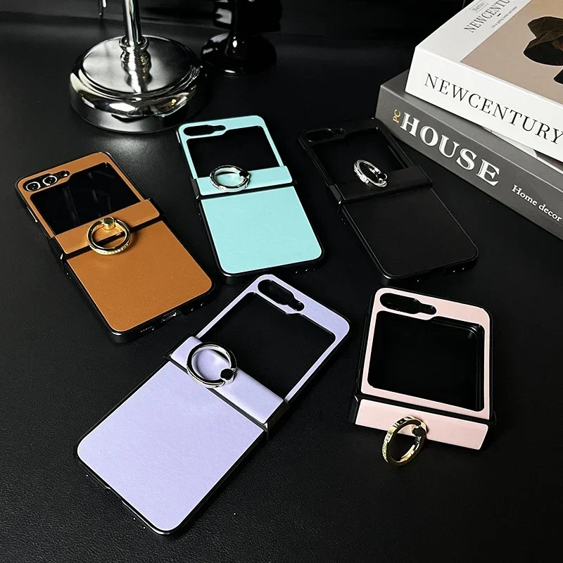 Premium PU Leather Shockproof Phone Case with Ring Holder - Hard Shell Protective Cover for Samsung Galaxy Z Flip Series
