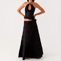 Ensemble jupe Maxi 2 pièces style Boho pour femmes, Y2k, Sexy, col licou, froncé, haut caraco, jupes à volants fluides à plusieurs niveaux, tenues de plage et de vacances 5