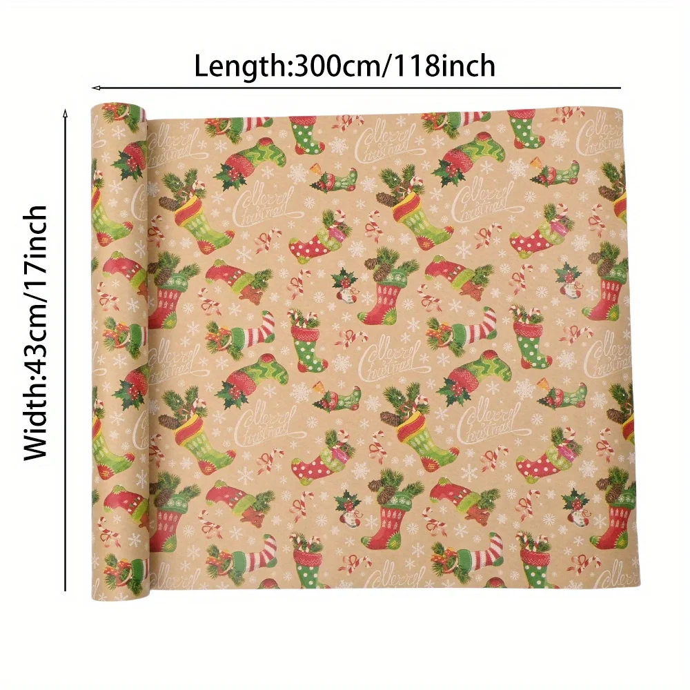 1 롤 크리스마스 포장지 선물 포장지-17인치 x 9.8피트 크래프트 종이, 크리스마스, 파티용 눈 디자인의 왕관과 부츠