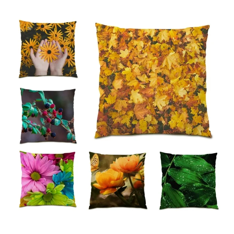 

Plant Leaf Flower Square Pillowcase Double Sided Lumbar Cushion Cover Retro Autumn Landscape Pillow Cover 45x45cm Cojines F1209