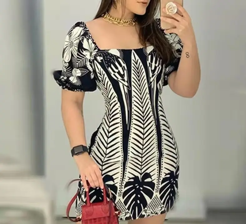 

2023 Fashion Collision Color Women's New Mini Dress, Plant Print Square Neck Short-sleeved Waist Dress