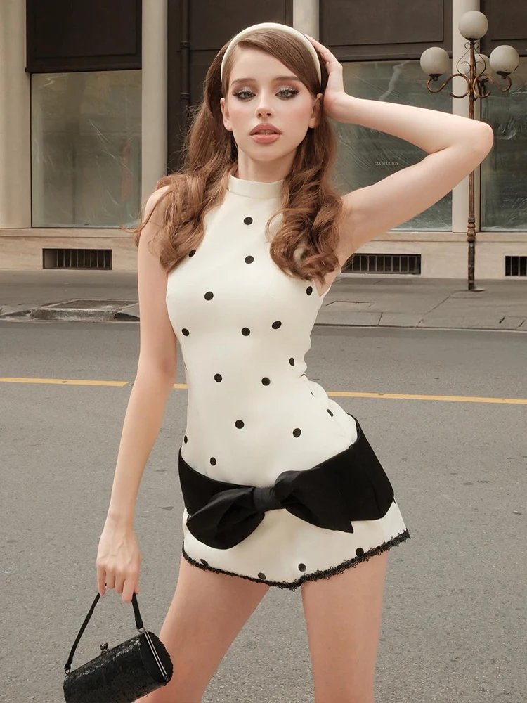 Nibber Bow Decoration Polka Dot Print Dress Women Lace Hem o-Neck Sleeveless Skinny Sweet Fashion Birthday Party Mini Bodycon