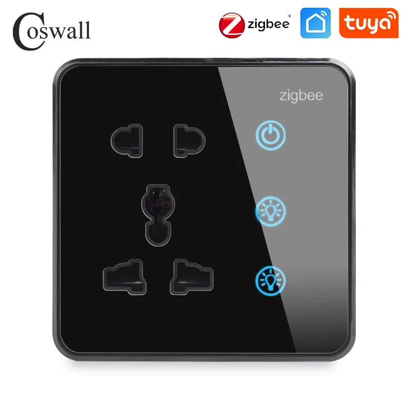 COSWALL prise murale intelligente avec interrupteur tactile, Zigbee WiFi Tuya, panneau en verre, prise universelle, deux gangs, interrupteur tactile marche arrêt, interrupteur principal à une touche