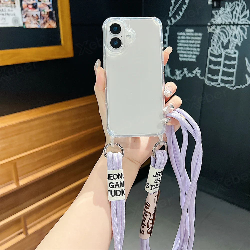 Étui de téléphone transparent avec lanière et collier en bandoulière pour iPhone 15 16 14 Pro Max 14 13 12 11, housse de protection antichoc à coussin d'air_voghion.com