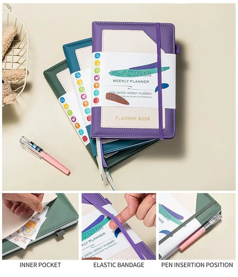 2025년 플래너 A5 월간 플래너 날짜 없는 주간/일간 타임라인 관리 효율성 하드커버 노트북 위클리 플래너
