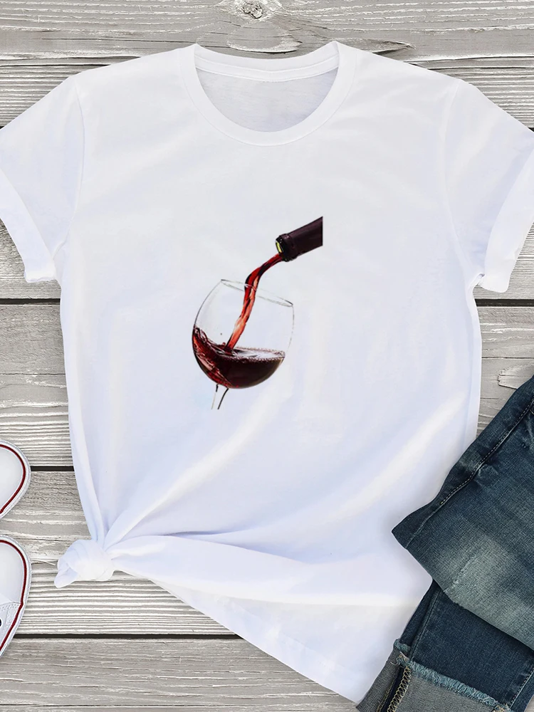 

Женская футболка с коротким рукавом и принтом винного бокала, белая свободная футболка с круглым вырезом, Повседневная футболка с коротким рукавом, лето 2022