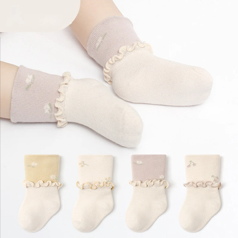 

2023 New Newborn Baby Socks Wide Mouth Loose Korean Version Broken Flower Wood Ear Socks Boneless Tube Socks Baby Socks Girl