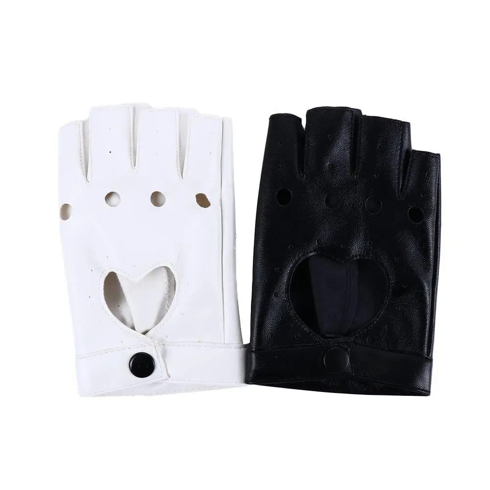 Hip Hop Elegant For Girls Heart Hollow Black White Women Gloves Korean Anime Mittens Half Finger Gloves PU Leather