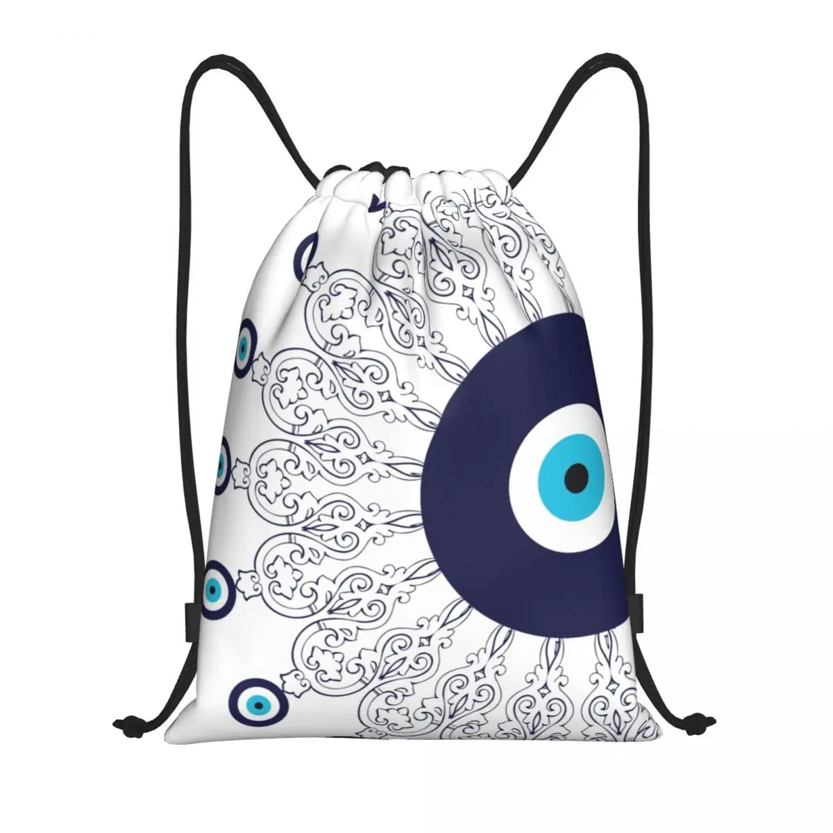 

Navy Blue White Mediterranean Evil Eye Mandala Pattern Drawstring Bag Men Women Lightweight Boho Sports Gym Storage Backpack