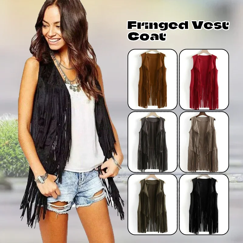 Women Cardigan Sleeveless Faux Suede Leather Jacket Motorcycle Style Vest Tops Fashion Imitation Ethnic Suede Tassel Fringe Vest bed frame brown faux suede leather 135x190 cm