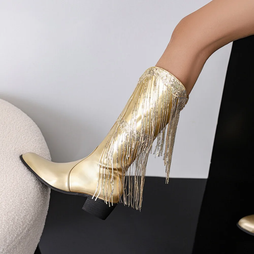 

Европейские и американские женские модные новые ботинки из лакированной кожи с блестящими бусинами и кисточками элегантные сценические ботинки с острым носком на высоком каблуке
