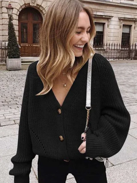 Grey Cardigan Sweater Women Cozy Soft Knit Button Up V-Neck Jumper Basic Knitwear Autumn Winter Outfit 2