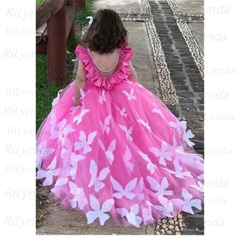 

NEW Flower Girls Dresses Fluffy Tulle For Wedding Bow decal Decoration Applique Sleeveless Girls First Communion Dresses