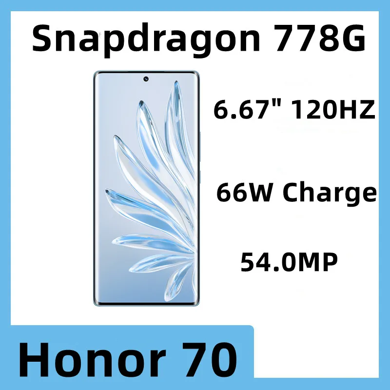 

Honor 70 Mobile Phone Snapdragon 778G Android 12.0 Screen Fingerprint 6.67" OLED 120HZ 66W Charge 54.0MP Camera