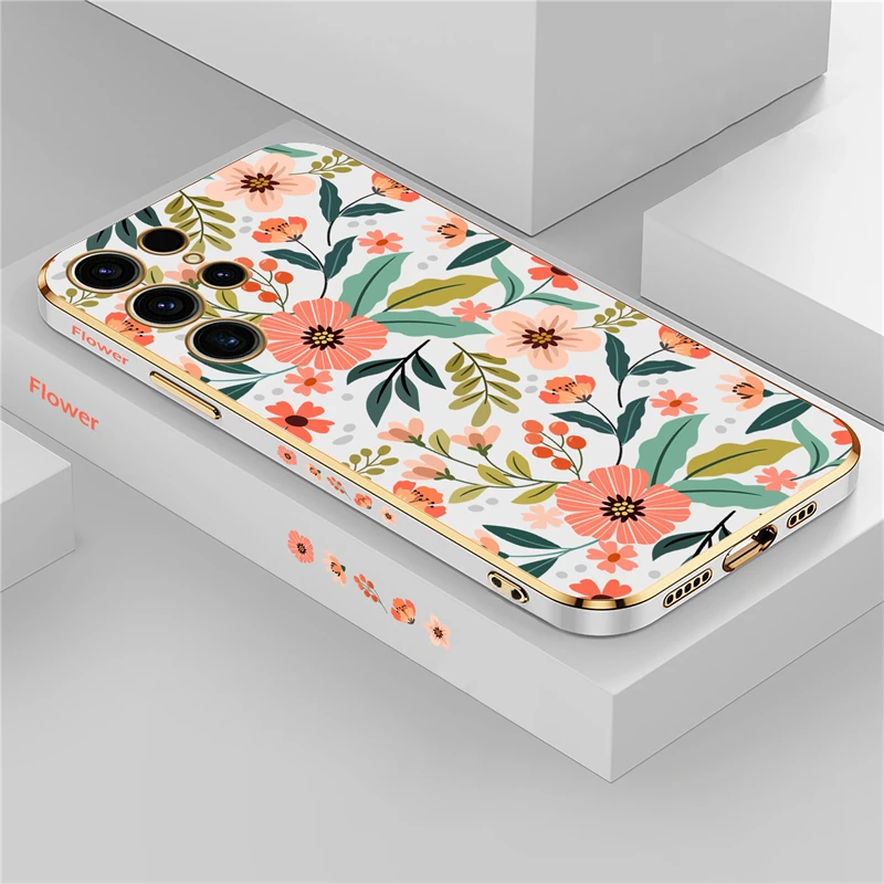 Luxury Plating Shockproof Floral Phone Case – Elegant Flowers Pattern Back Cover Coque