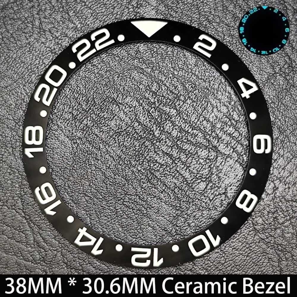 Elegant Blue Luminous Bezel GMT and Diving Watch Insert, Sloping 38mm x 30.6mm Ceramic/Aluminum