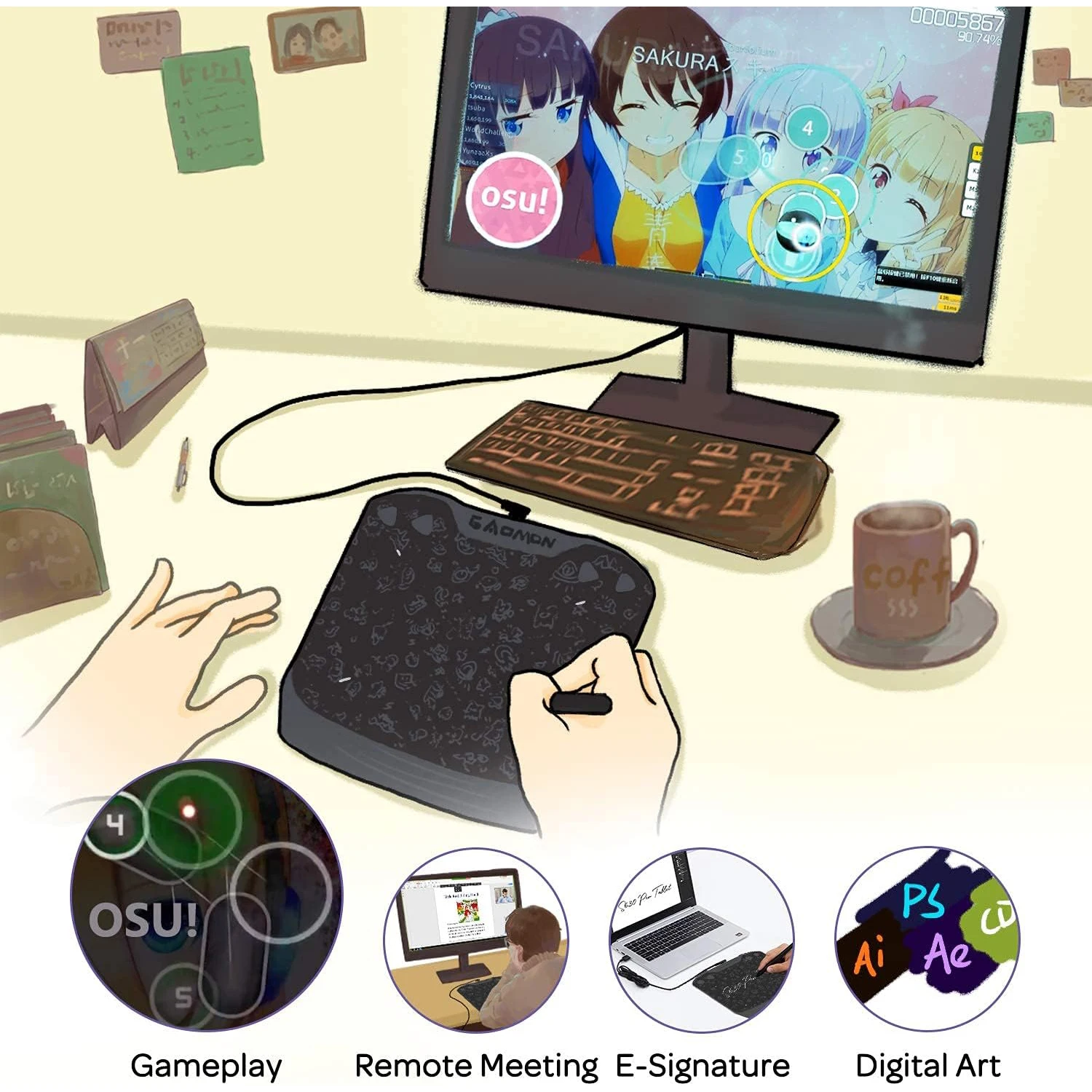 GAOMON S630 Graphics Tablet AP32 Passive Digital Pen for 2D/3D Animaton Drawing School Note Taking Working, Android OS Supported - Image 2