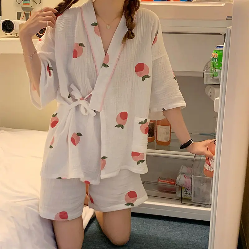 Sweet Peach Kimono Women Korean V-Neck Lace Up Shirts + Shorts Cotton Kawaii Pink Sleepwear Two Piece Pajamas Set Loose White