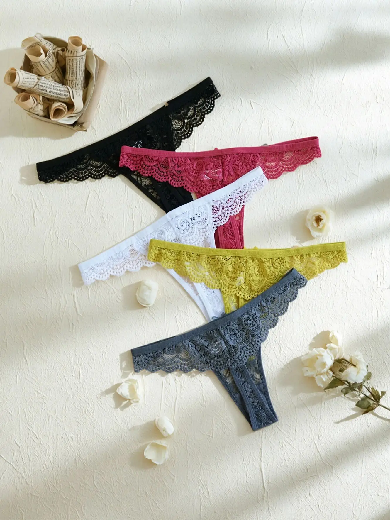5-Pack Women's Lace Panties, Fashionable, Comfortable, Close-Fitting, Low-Waisted, Sexy, Solid Color Thongs