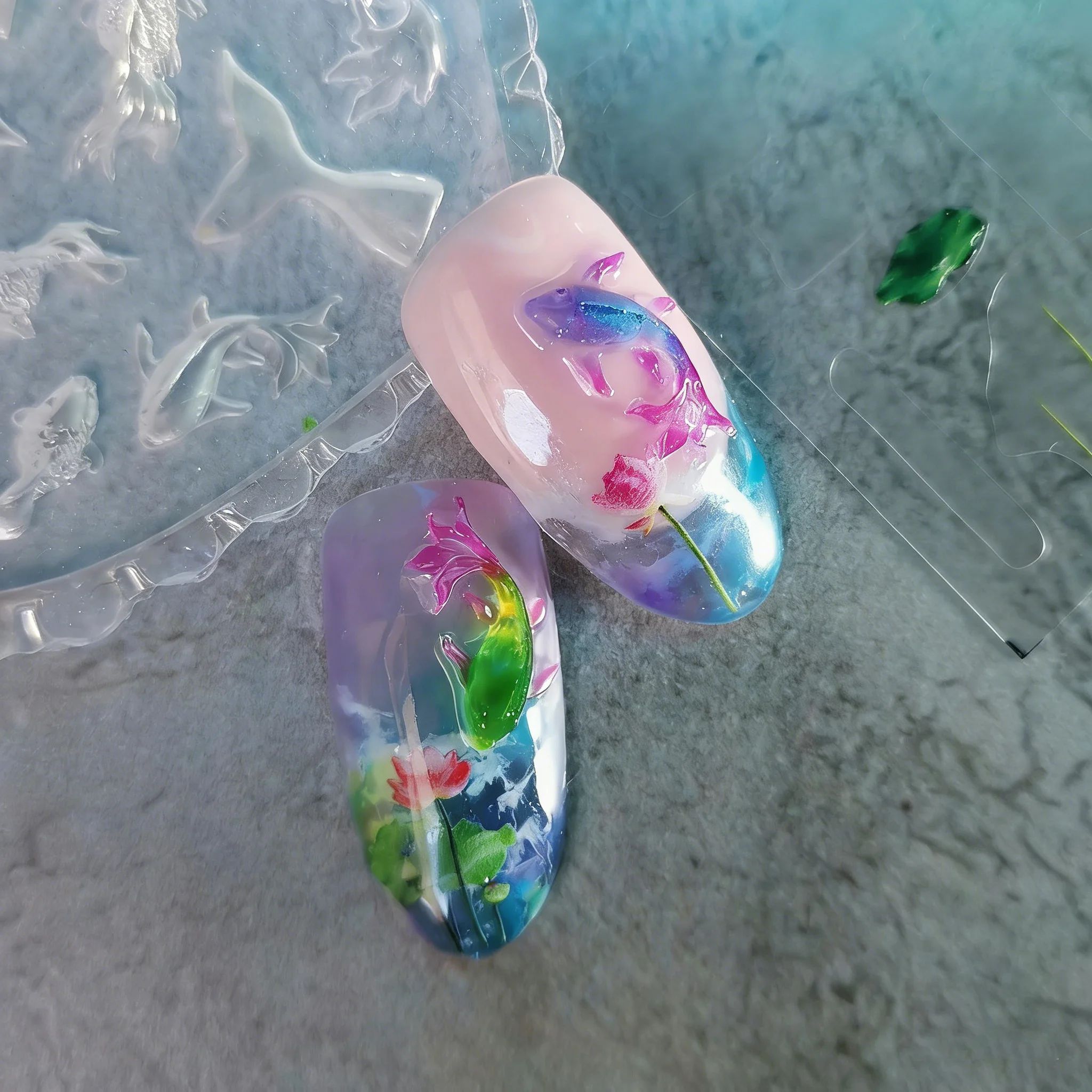 코이 물고기 네일 아트 실리콘 몰드, 3D 투명 금붕어 조각 몰드 (UV 젤 아크릴 레진 주조용), DIY 매니큐어 엠보싱 도구