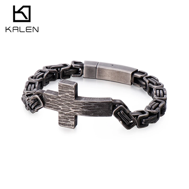 

KALEN Classic Byzantine Chain Link Bracelet Christian Cross Charm Bracelets For Men Stainless Steel Byzantine Chain Link Bracele
