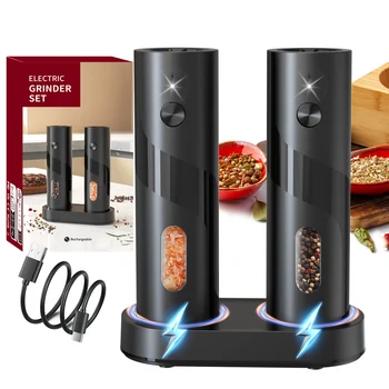2PCS Electric Salt And Pepper Grinder Rechargeable Spice Grinders Set 110ml Capacity Automatic Pepper Mills With Charging Base 1