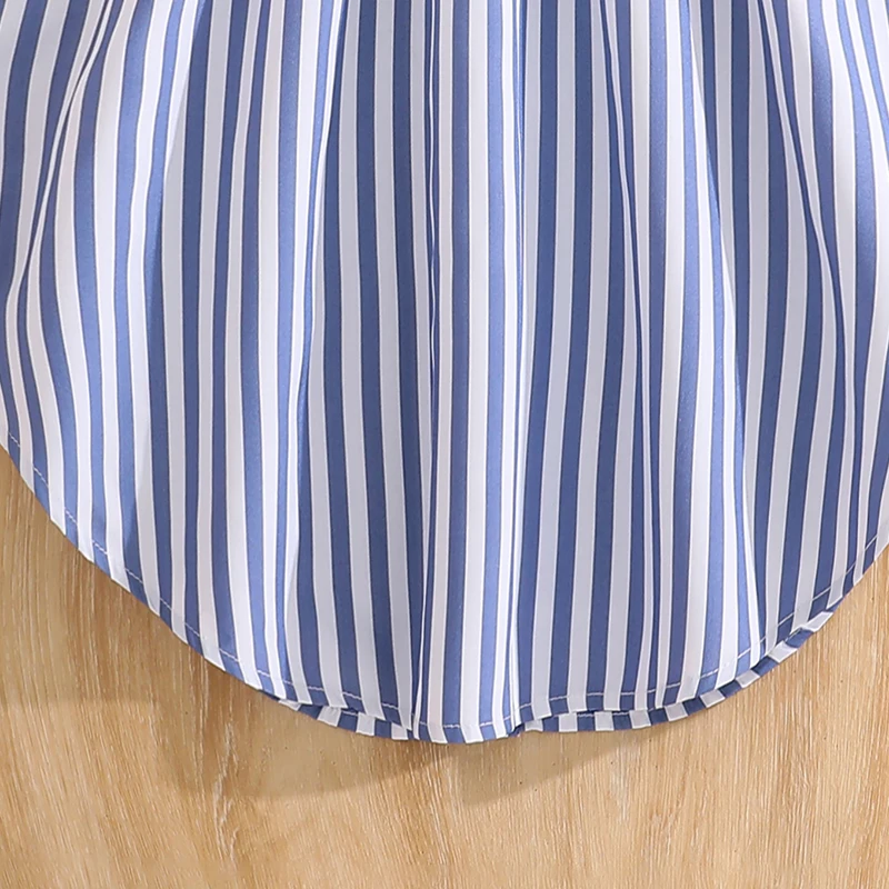 Blau-weiß gestreiftes Kleid für Mädchen von 8–12 Jahren, Hemdkragen mit Rüschenärmeln und gestreiftes Button-Down-Kleid mit seitlichen Bändern, lässige Kinderkleidung – Detail 11