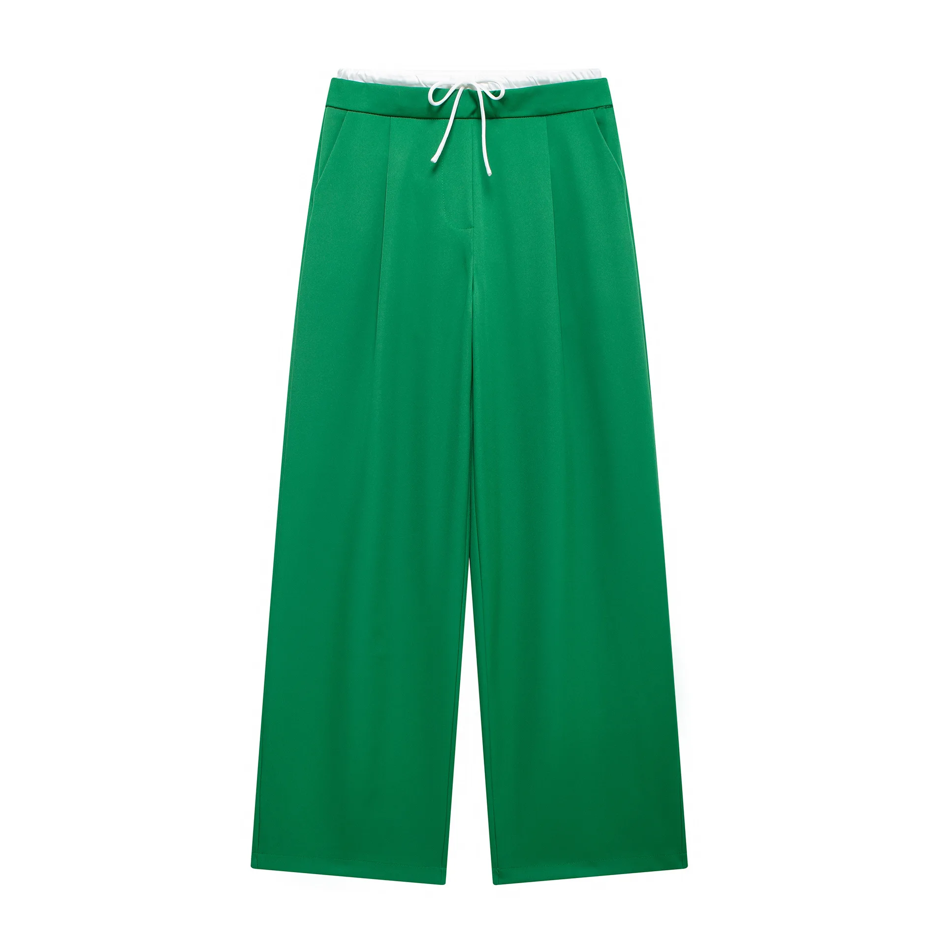Splicing Design Solid Color Pants Women Fashion Simple Elastic Waist Lace Up Trousers Lady All-match Commuting Straight Pant New