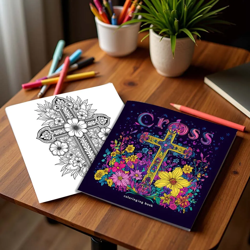 Cross surrounded by flowers Art Coloring Book 24page Adult Picture Book help relieve stress and mood Graffiti Painting Drawing 3