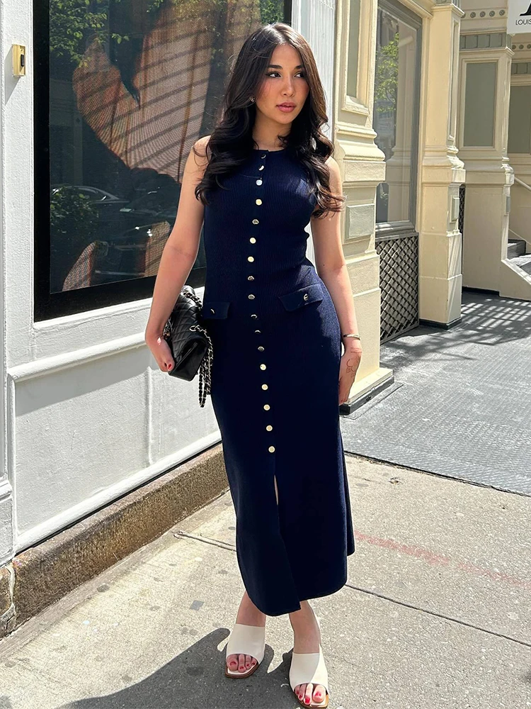 Women‘s Knitted Cardigan Dresses Summer Lapel Sleeveless Long Dress Women Fashion Elegance Button Bodycon
