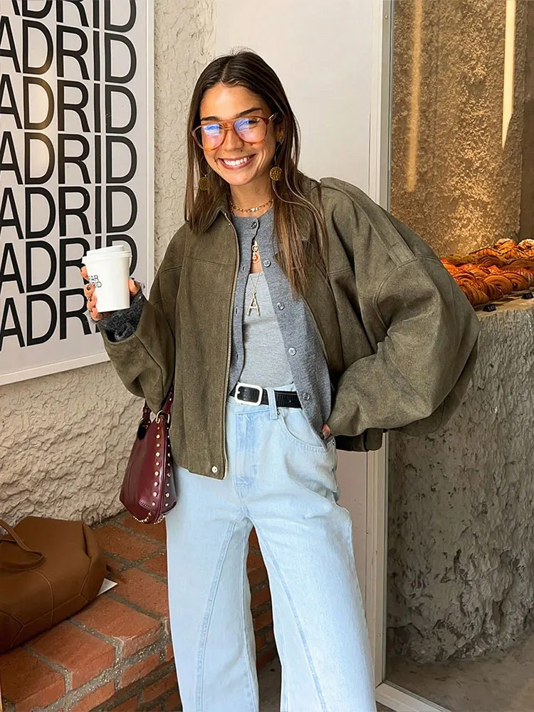 HH Women Fashion Coffee Brown Faux Suede Coat Long Sleeve Zipper Bomber Jacket Office Lady Loose Casual Oversize Jackets