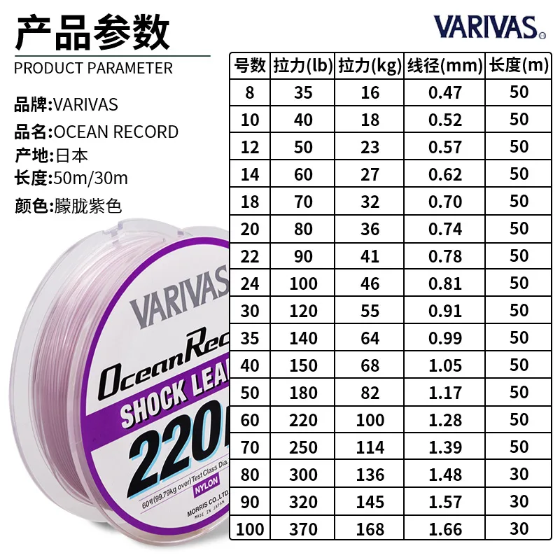 Original VARIVAS OCEAN RECORD Fishing Line 50M/30M  35LB-370LB NYLON Line Tuna specific Sea fishing line Made IN Japan 2