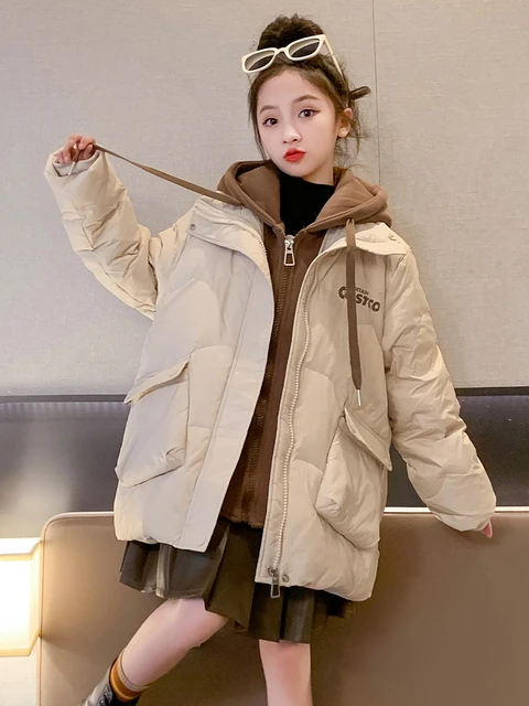 Korean Kids Girls Winter Fur Hooded Warm Long Woolen Coat Jacket Trench  Parka #