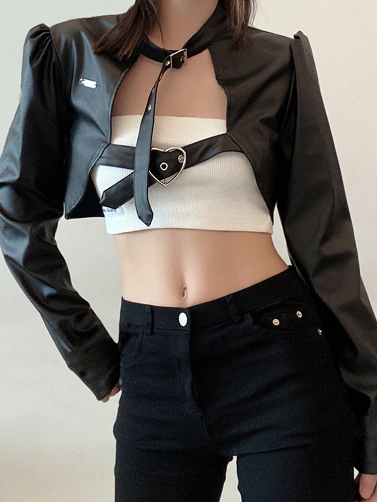 Weekeep Gothic Black PU Leather Jacket Women One Shoulder