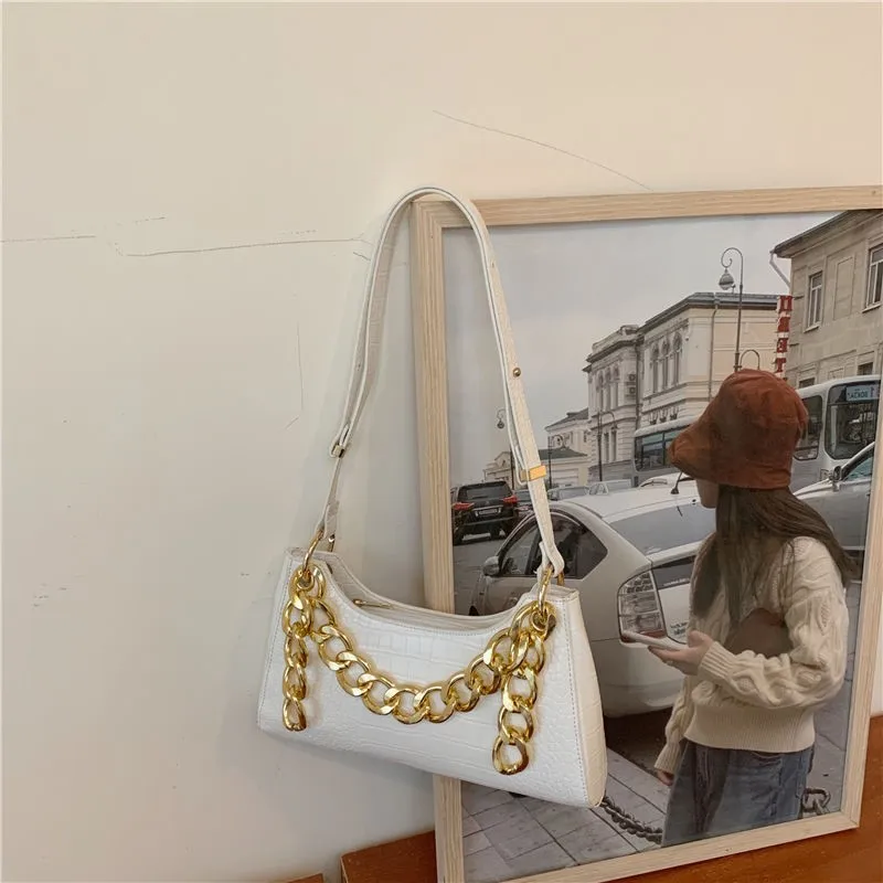 Baddie Gold Chain Tote Bag Women Faux Crocodile Leather Underarm Bag Ladies Unique Fashion Versatile Commute Shoulder Bags 2025