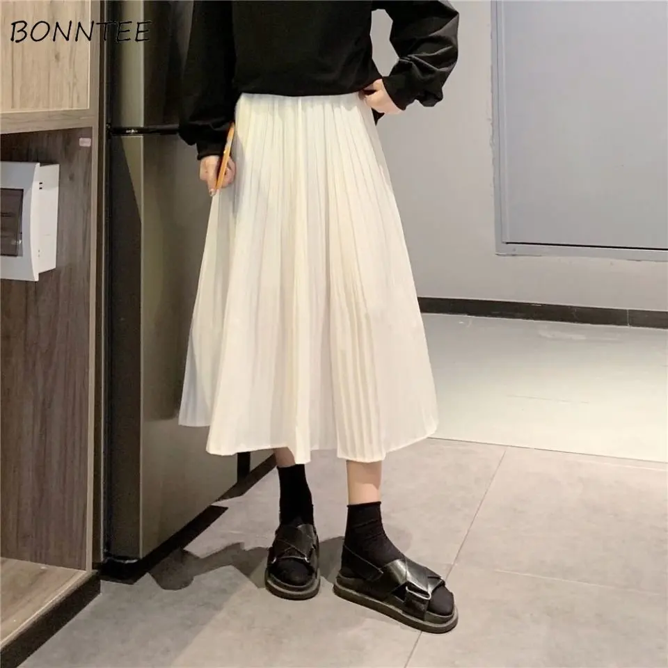 

Mid-calf Skirts Women White Students All-match Baggy Pleated Spring New Fashion Clothing Aesthetic Empire Harajuku Jupe Femme