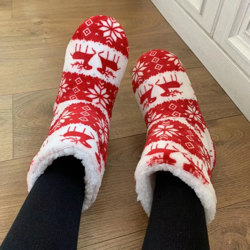 Slippers Womens Home House Winter Gift Elk Fur Plush Grip Sole Indoor Shoes Boots Men