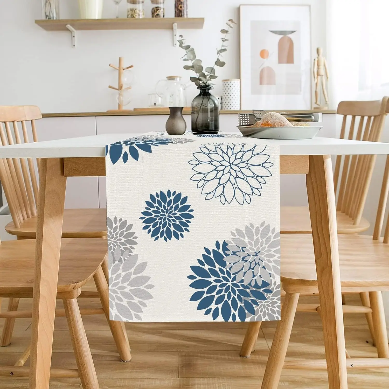 Blue Gray Dahlia Pinnata Flower Linen Table Runner Dresser Scarve Farmhouse Kitchen Dining Table Runner Holiday Party Decoration 4