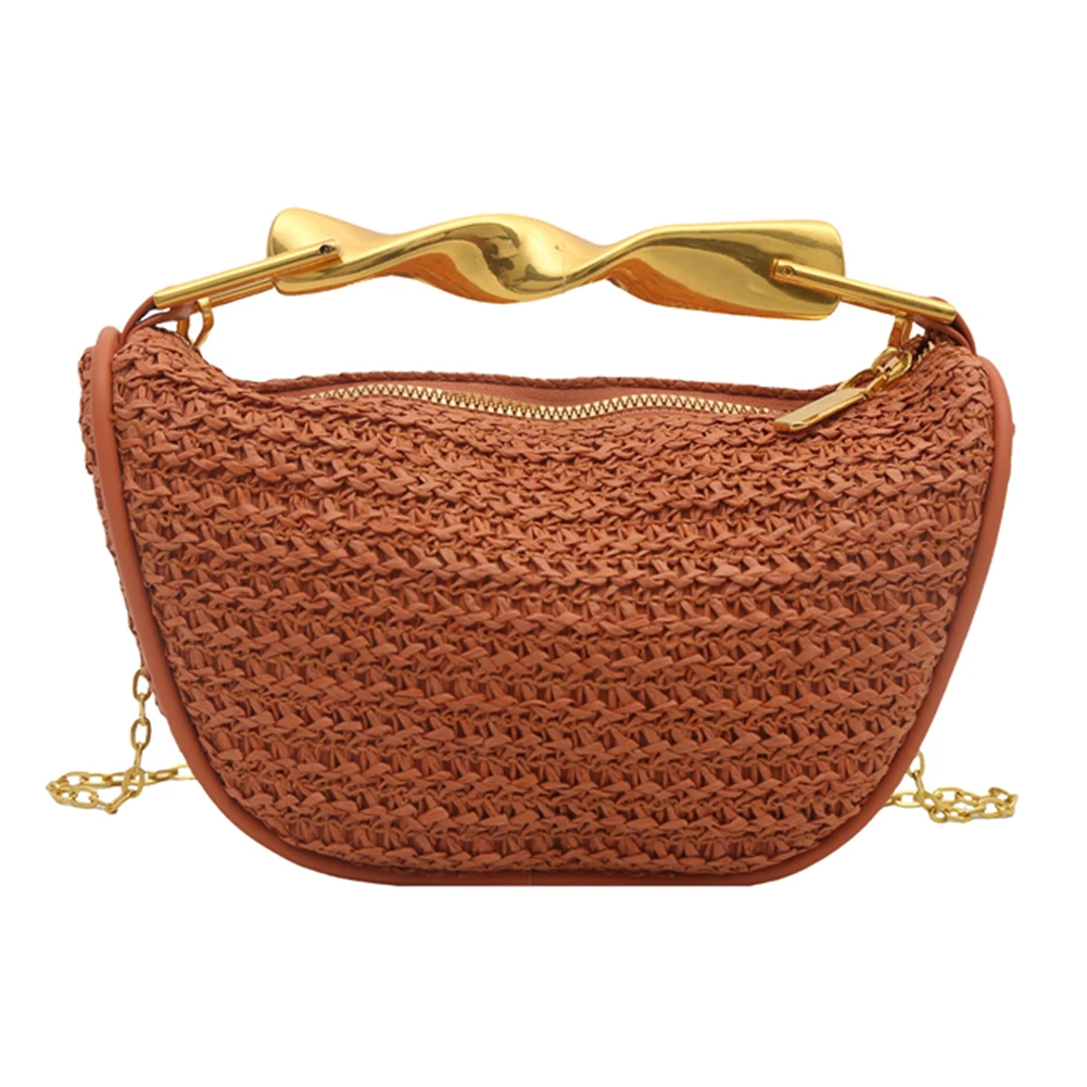 Straw Shoulder Bag with Metal Handle for Women Summer Beach