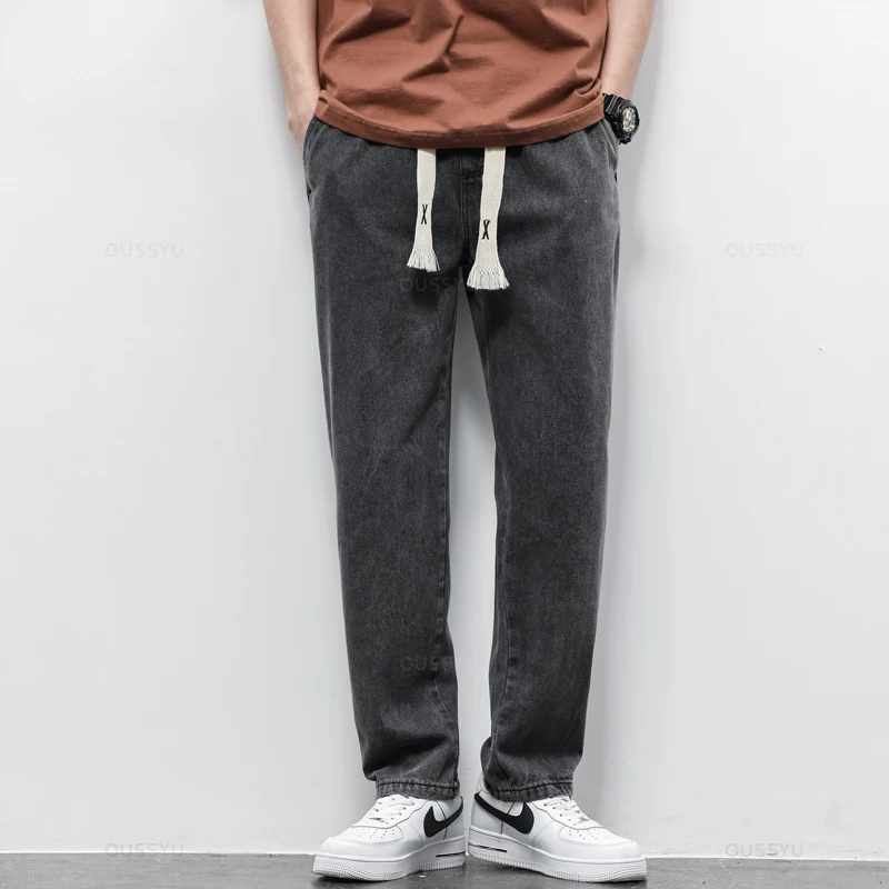 Men Jeans Mens Jeans Jeans Trousers Denim Trousers Elastic Jeans Mens Casual Trousers Autumn Winter Men's Jeans Cotton Soft Drawstring Straight Pants Elastic Waist Vintage Korea Casual Trousers Male Plus Size S-5XL
