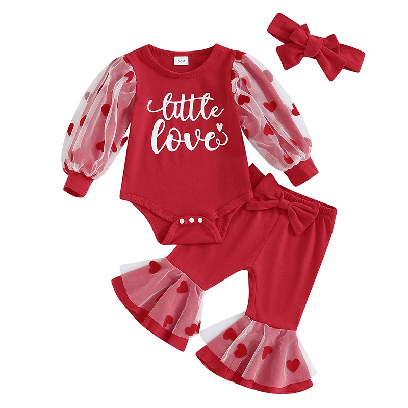 

SUNSIOM Baby Girls Valentine's Day Sets Long Sleeve Heart Print Romper Red Flared Pants Bow Headband Clothes Sets