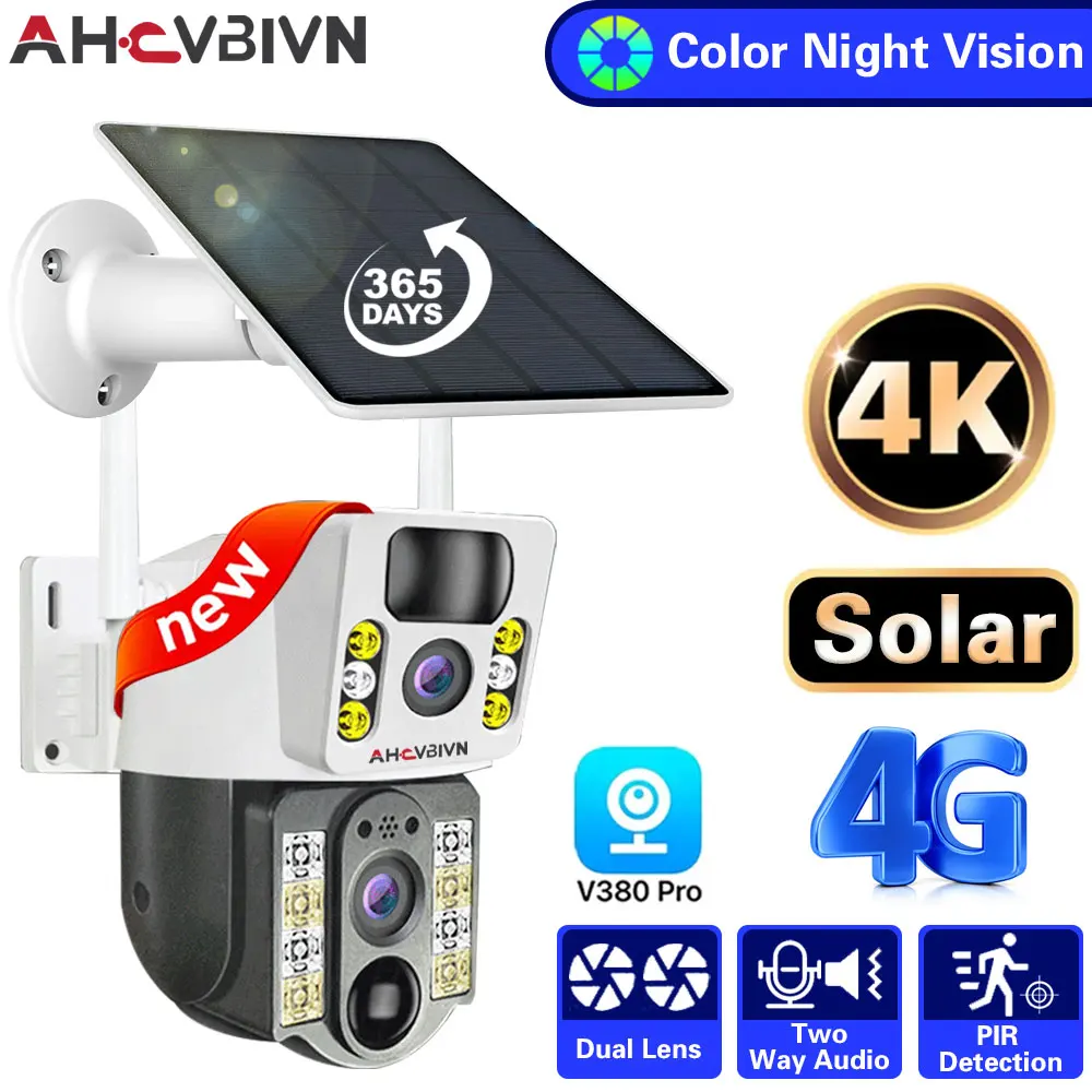 4G Sim Dual Lens Solar Panel Camera Outdoor Cctv Camaras Pir Detection Visione Notturna V380 Protezione Di Sicurezza Batteria Integrata