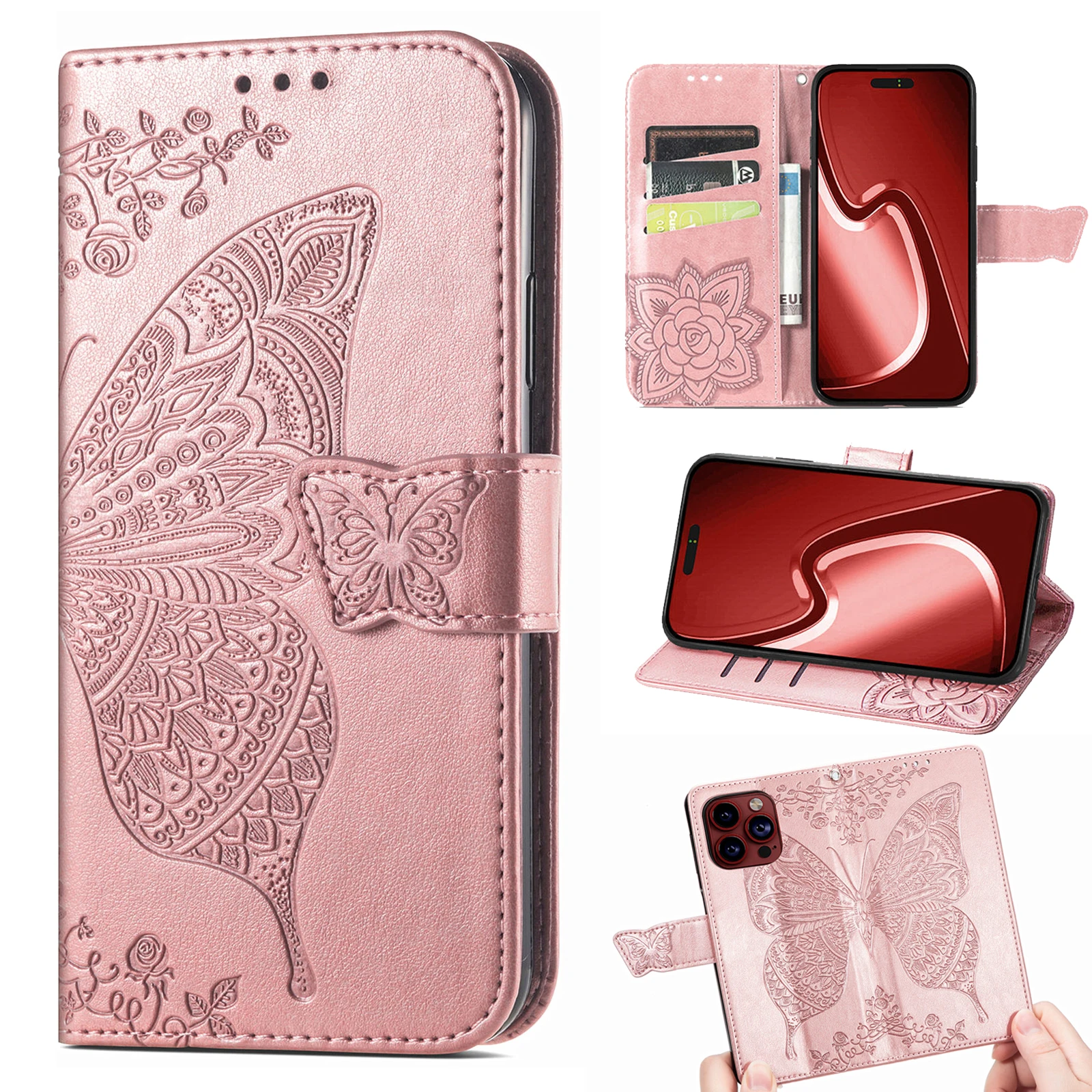 

Leather 3D Imprint Butterfly Wallet Case For iPhone 15 Pro Max 14 13 12 11 XR X 8 7 Slim Embossed Flip Stand Card Holder Conque