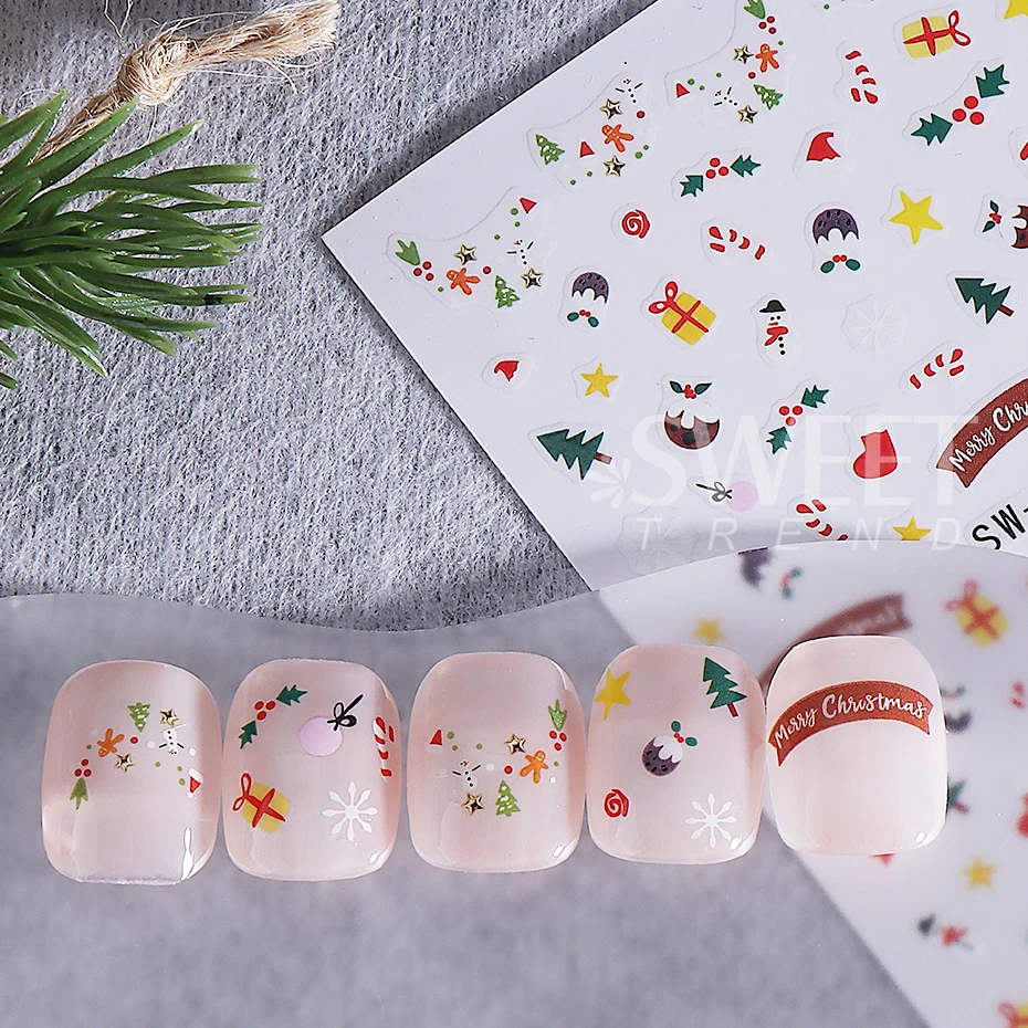 2pcs Christmas Nail Stickers Cute Gingerbread man Elk Xmas Tree Leaves Holly DIY Winter Gift Decals Sliders Manicure Decoration