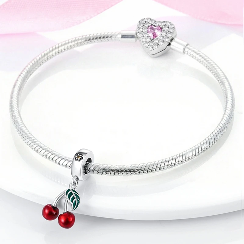 Elegant Red Cherry Charm in 925 Sterling Silver - Women's Pendant for Necklace or Bracelet Crafting