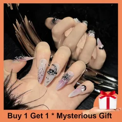 Handmade Y2k Press on Nails Punk French Luxury Star Nails Reusable Adhesive False Nails Black Long Coffin Artificial Manicure