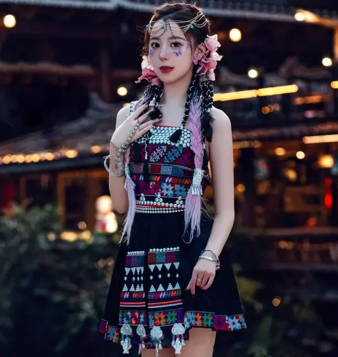 Improvement Chinese Hmong Women Dress Summer Hmongb Young Black Sequins
