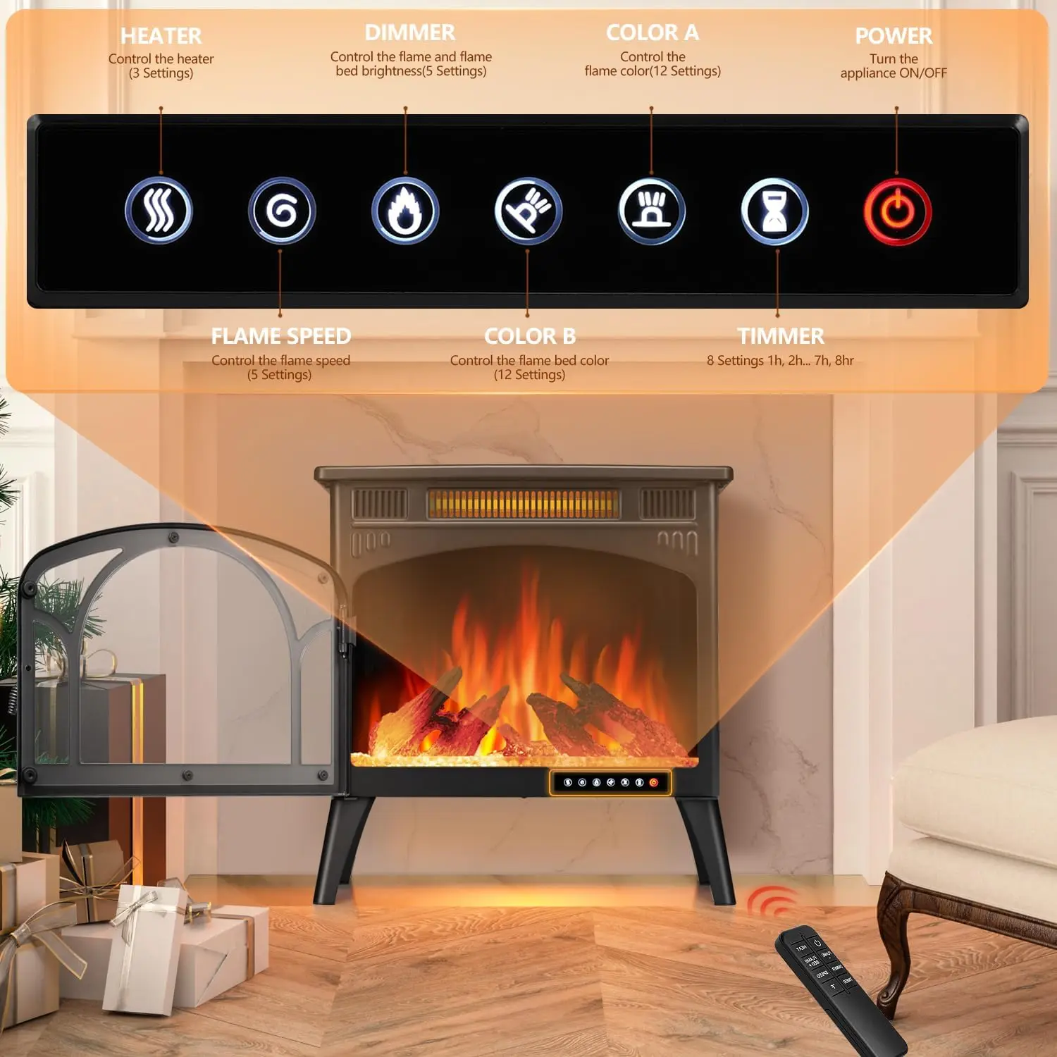 R.W.FLAME Electric Fireplace Heater 12 Flame Color, 25" Freestanding Fireplace Infrared Stove 500W/1500W, 3D Realistic Flame