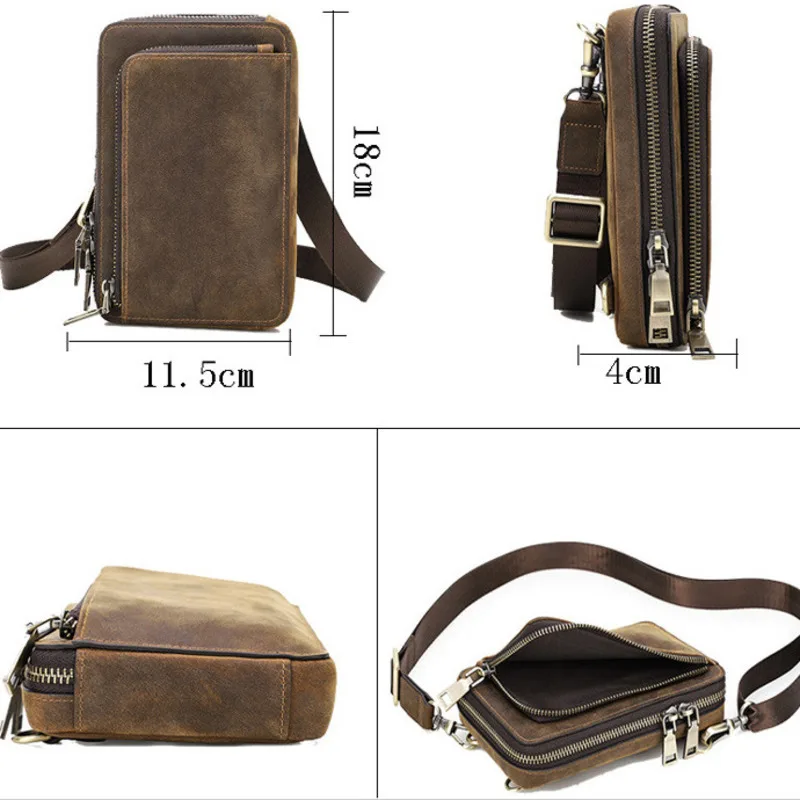 New Men's Mobile Phone Baotou Layer Genuine Leather Handbags Woman's Fashion Casuals Small Single Shoulder Crossbody Bags Female
